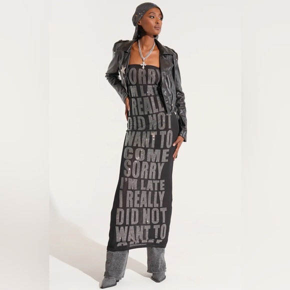 NWT.  AKIRA I'm Late Rhinestone Graphic Midi Dress. - Picture 3 of 9